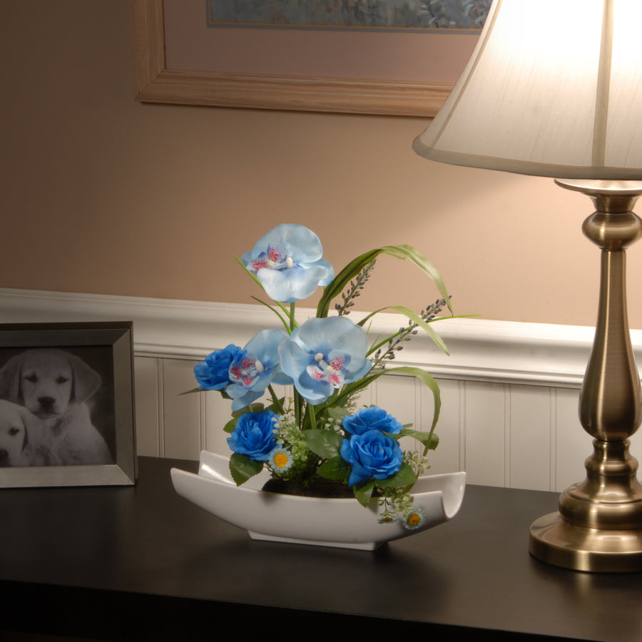 15 in. Spring Potted White Orchid and Blue Roses Flower Pot with Leafy Greens