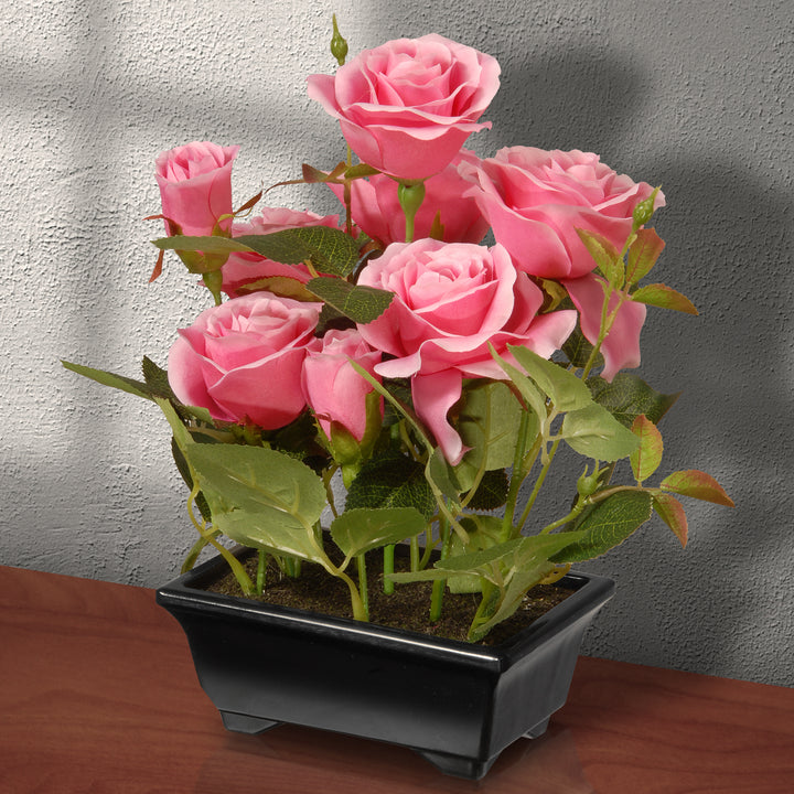 Artificial Potted Flowers, Pink Roses, Includes Black Base, Spring Collection, 10 Inches