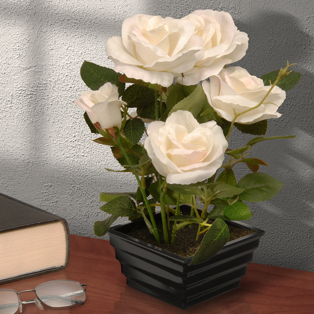 Artificial Potted Flowers, White Roses, Includes Black Base, Spring Collection, 11 Inches