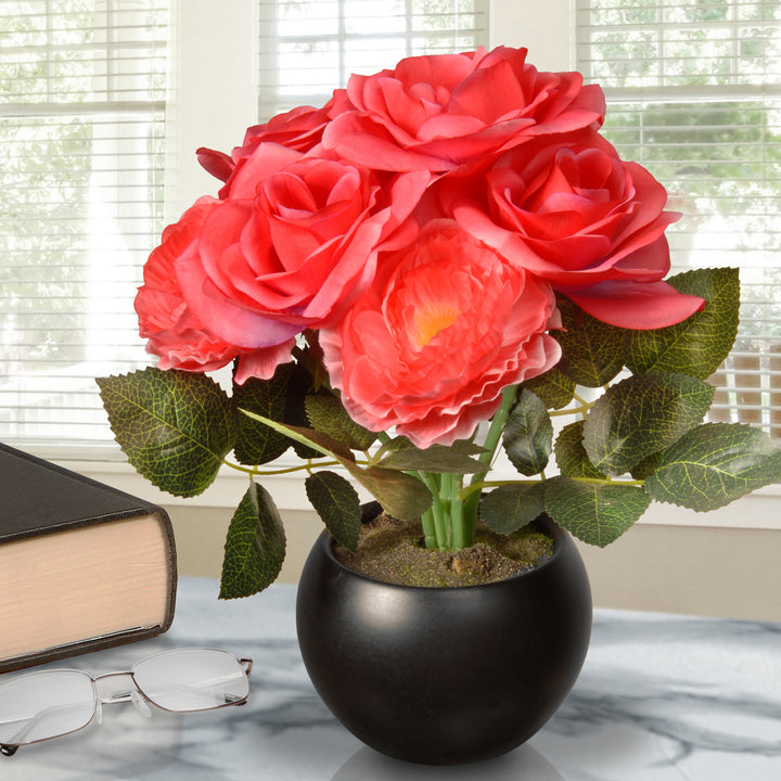 Artificial Potted Flowers, Pink Roses, Includes Black Base, Spring Collection, 9 Inches