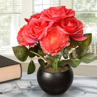 Artificial Potted Flowers, Pink Roses, Includes Black Base, Spring Collection, 9 Inches - National Tree Company