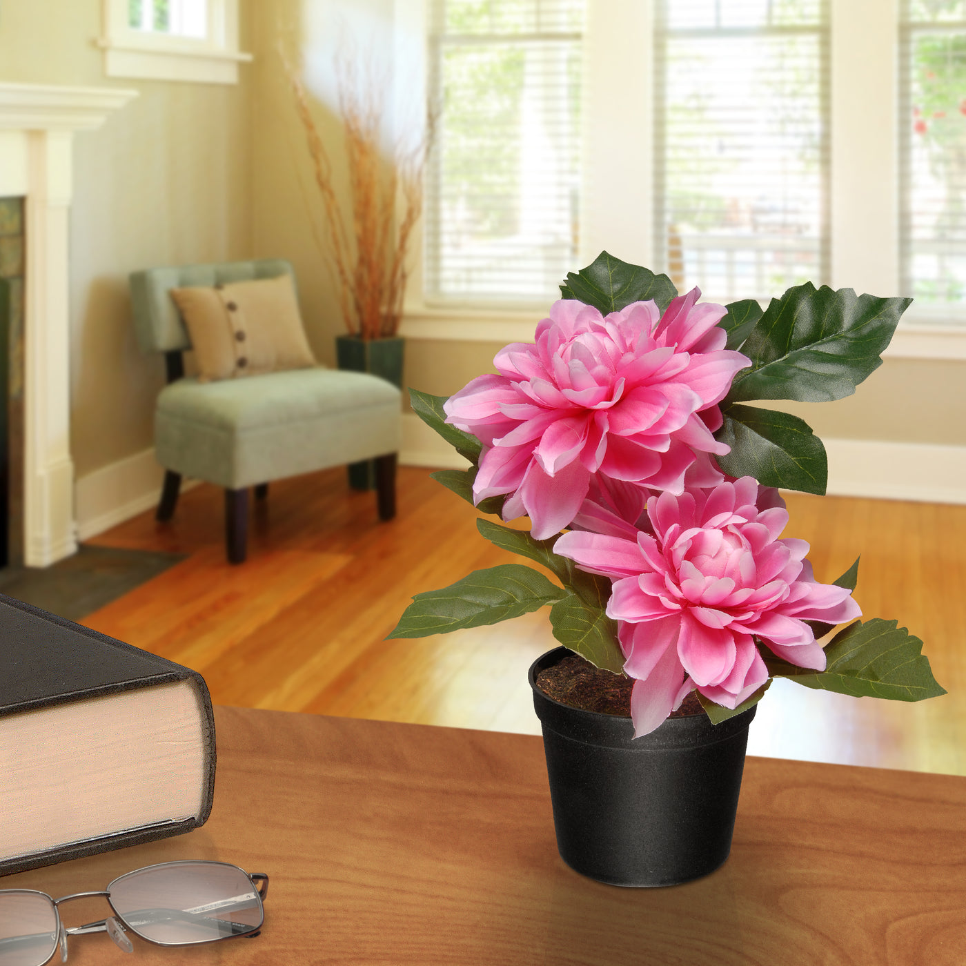 Artificial Potted Flowers, Pink Dahlias, Includes Black Pot Base, Spring Collection, 7 Inches - National Tree Company