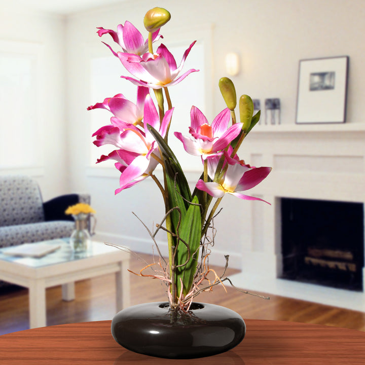 Artificial Potted Flowers, Pink Orchids, Includes Black Base, Spring Collection, 10 Inches