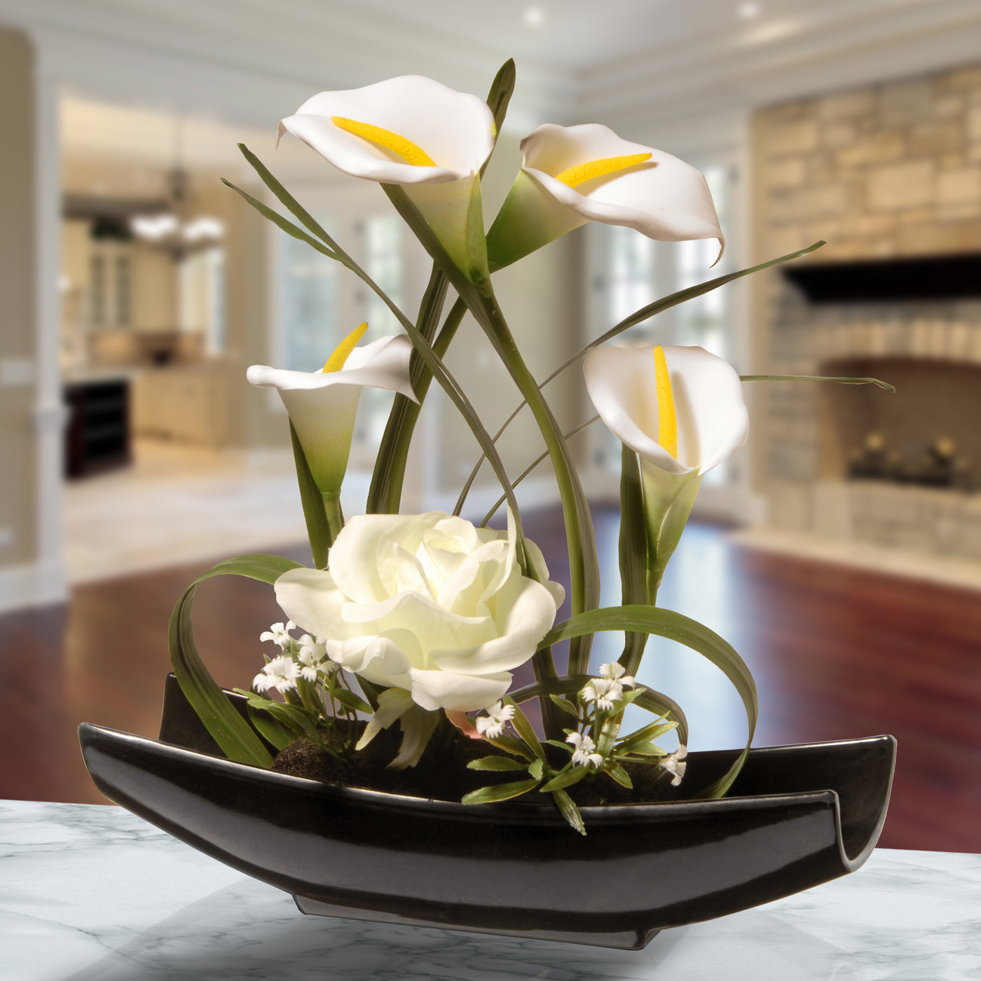 Artificial Potted Flowers, White Lilies and Roses, Includes White Base, Spring Collection, 11 Inches - National Tree Company