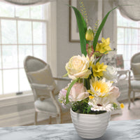 Artificial Potted Flowers, White Daises and Roses, Decorated with Leafy Greens, Includes White Pot Base, Spring Collection, 17 Inches - National Tree Company