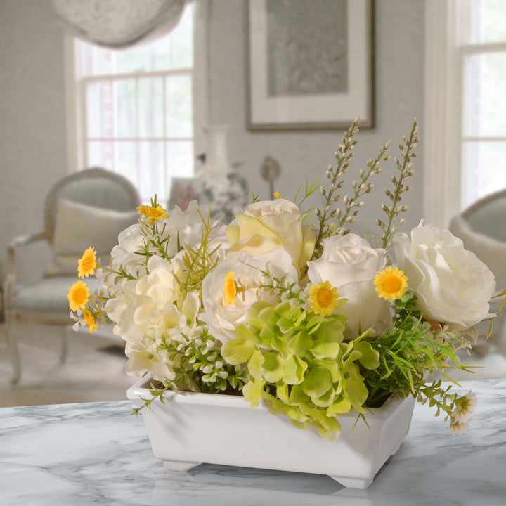 Artificial Potted Flowers, White Hyndrangeas and Roses, Decorated with Leafy Greens, Includes White Pot Base, Spring Collection, 7 Inches