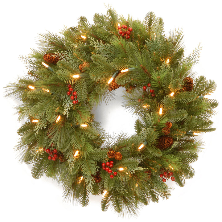 National Tree Company Pre-Lit Artificial Christmas Wreath, Green, Noelle, White Lights, Decorated with Pine Cones, Berry Clusters, Christmas Collection, 24 Inches