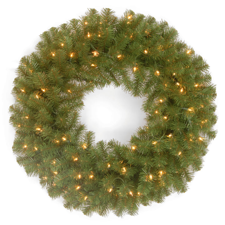Pre-Lit Artificial Christmas Wreath, Green, North Valley Spruce, White Lights, Christmas Collection, 24 Inches