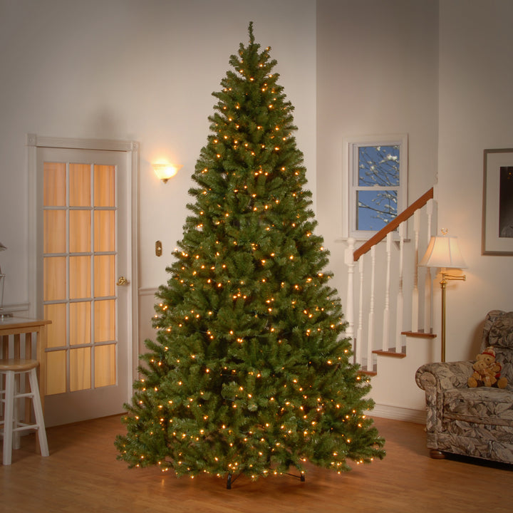 Pre-Lit Artificial Full Christmas Tree, Green, North Valley Spruce, White Lights, Includes Stand, 9 Feet