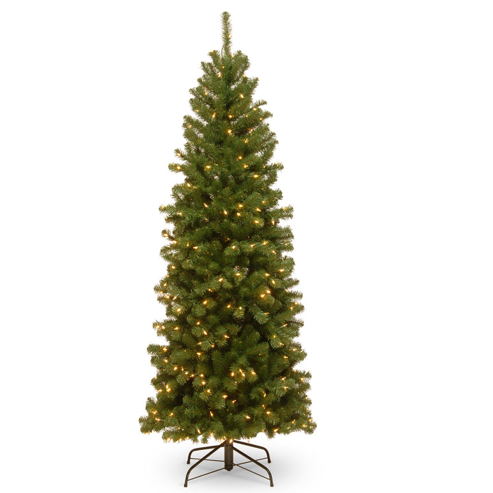 Pre-Lit Artificial Slim Christmas Tree, Green, North Valley Spruce, White Lights, Includes Stand, 6 Feet