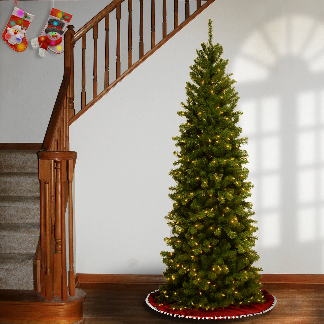 Pre-Lit Artificial Slim Christmas Tree, Green, North Valley Spruce, White Lights, Includes Stand, 6 Feet