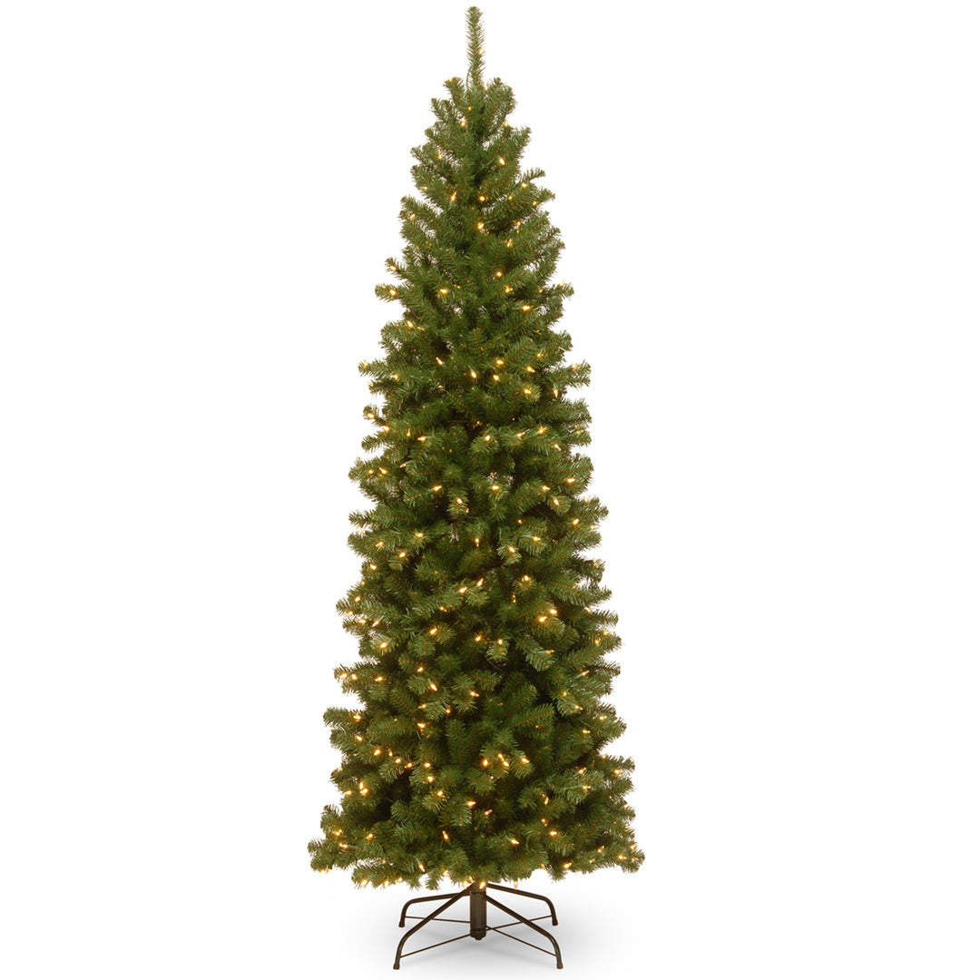 Pre-Lit Artificial Slim Christmas Tree, Green, North Valley Spruce, White Lights, Includes Stand, 7.5 Feet