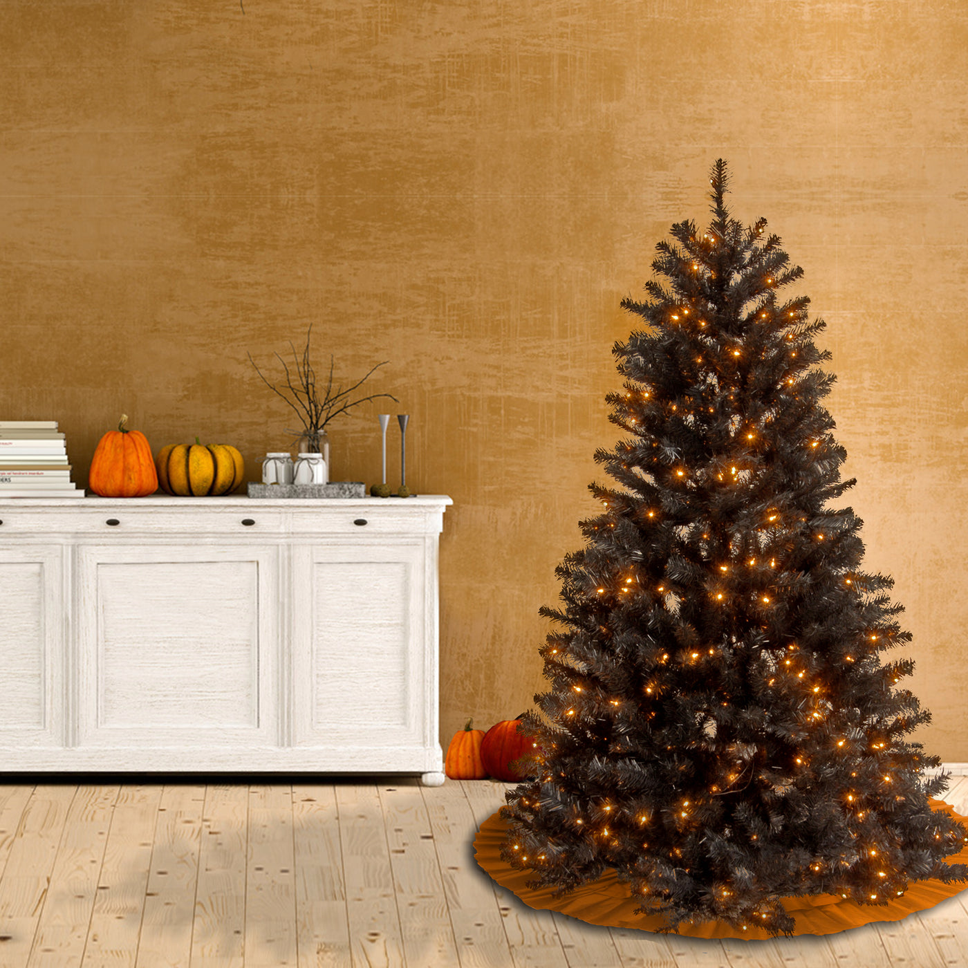 Halloween Pre-Lit Artificial Full Christmas Tree, Black, North Valley Spruce, White Lights, Includes Stand, 4.5 Feet - National Tree Company