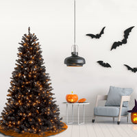 Halloween Pre-Lit Artificial Full Christmas Tree, Black, North Valley Spruce, White Lights, Includes Stand, 6.5 Feet - National Tree Company