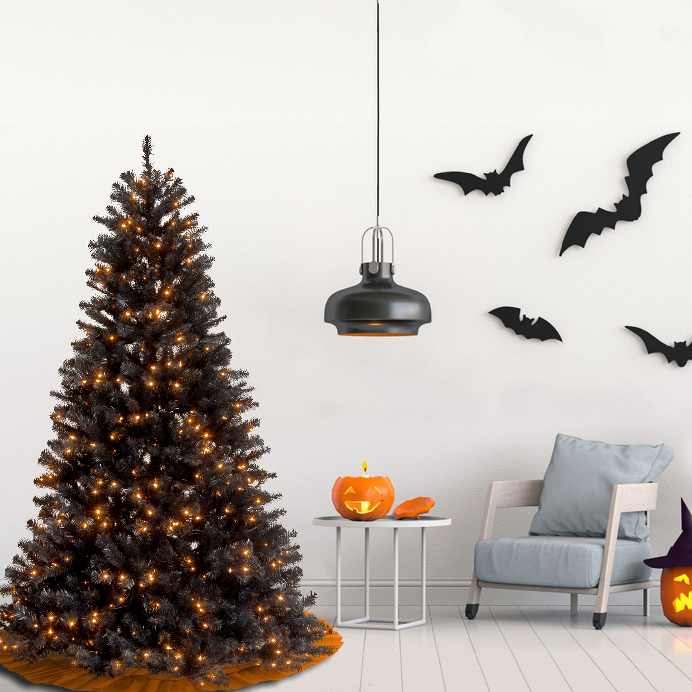 Halloween Pre-Lit Artificial Full Christmas Tree, Black, North Valley Spruce, White Lights, Includes Stand, 7.5 Feet - National Tree Company