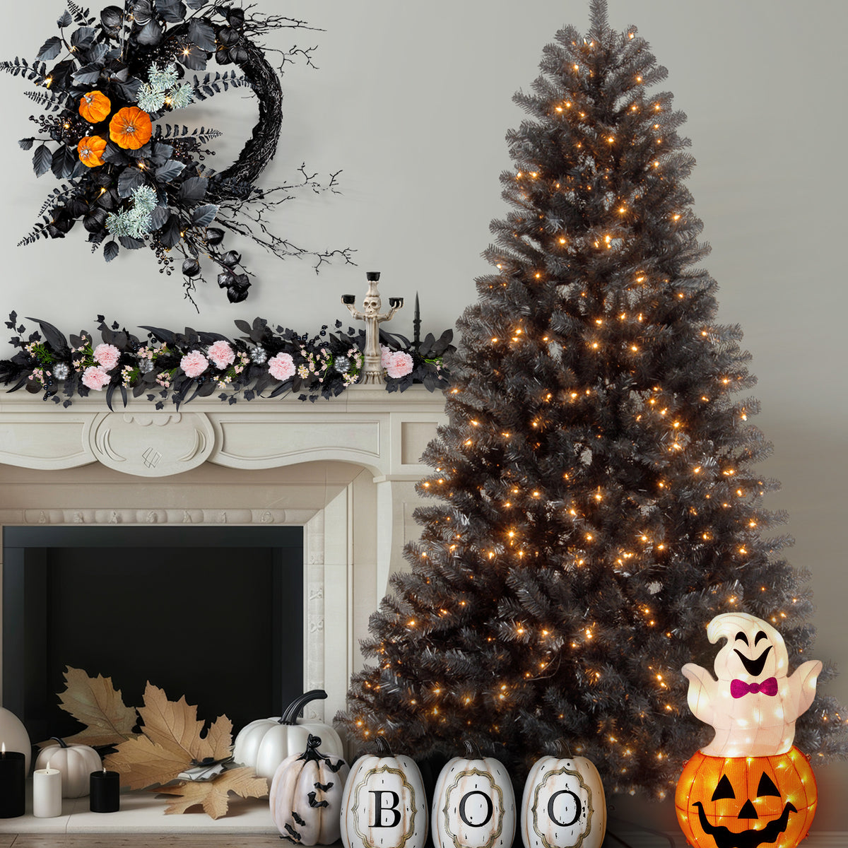 7.5 ft. Halloween Pre-Lit North Valley Spruce Full Black Hinged Tree with White Lights, Plug-In - National Tree Company