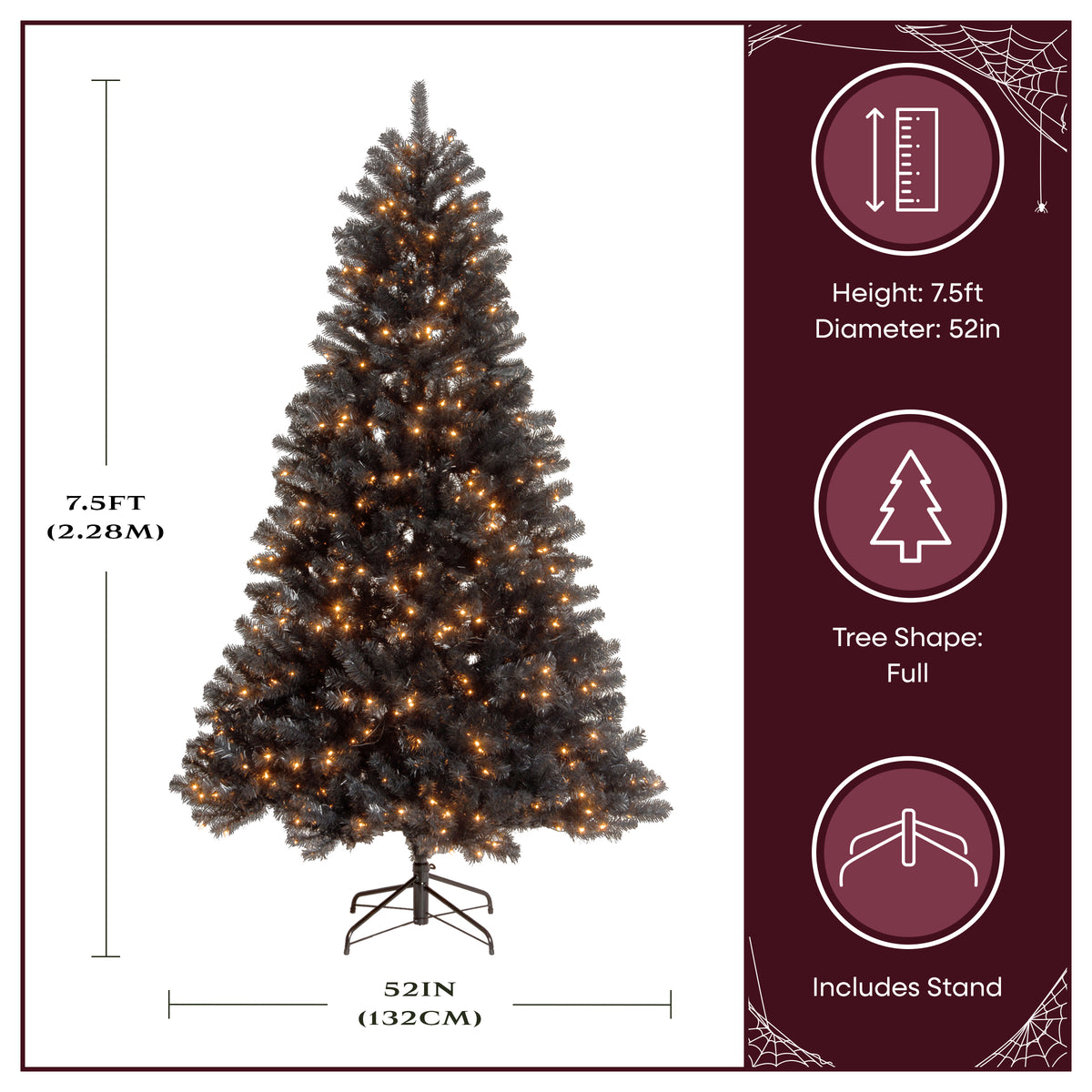 7.5 ft. Halloween Pre-Lit North Valley Spruce Full Black Hinged Tree with White Lights, Plug-In - National Tree Company