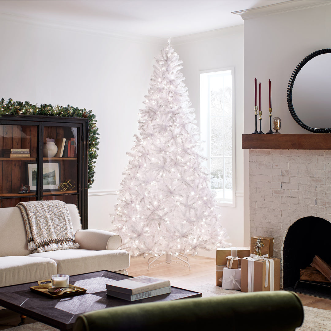 Pre-Lit Artificial Full Christmas Tree, White, North Valley Spruce, White Lights, Includes Stand, 9 Feet