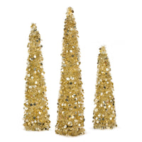 3 ft., 4 ft., 5 ft. Pre-Lit Jinglepop Pop Up Artificial Gold Tinsel Collapsible Pencil Christmas Tree Set of 3 with Warm White LED Lights - National Tree Company