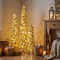 3 ft., 4 ft., 5 ft. Pre-Lit Jinglepop Pop Up Artificial Gold Tinsel Collapsible Pencil Christmas Tree Set of 3 with Warm White LED Lights - National Tree Company