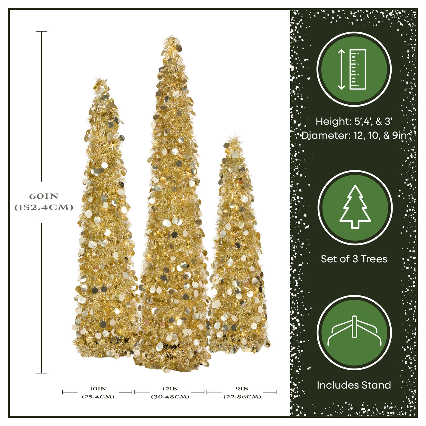 3 ft., 4 ft., 5 ft. Pre-Lit Jinglepop Pop Up Artificial Gold Tinsel Collapsible Pencil Christmas Tree Set of 3 with Warm White LED Lights - National Tree Company