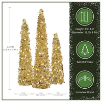 3 ft., 4 ft., 5 ft. Pre-Lit Jinglepop Pop Up Artificial Gold Tinsel Collapsible Pencil Christmas Tree Set of 3 with Warm White LED Lights - National Tree Company