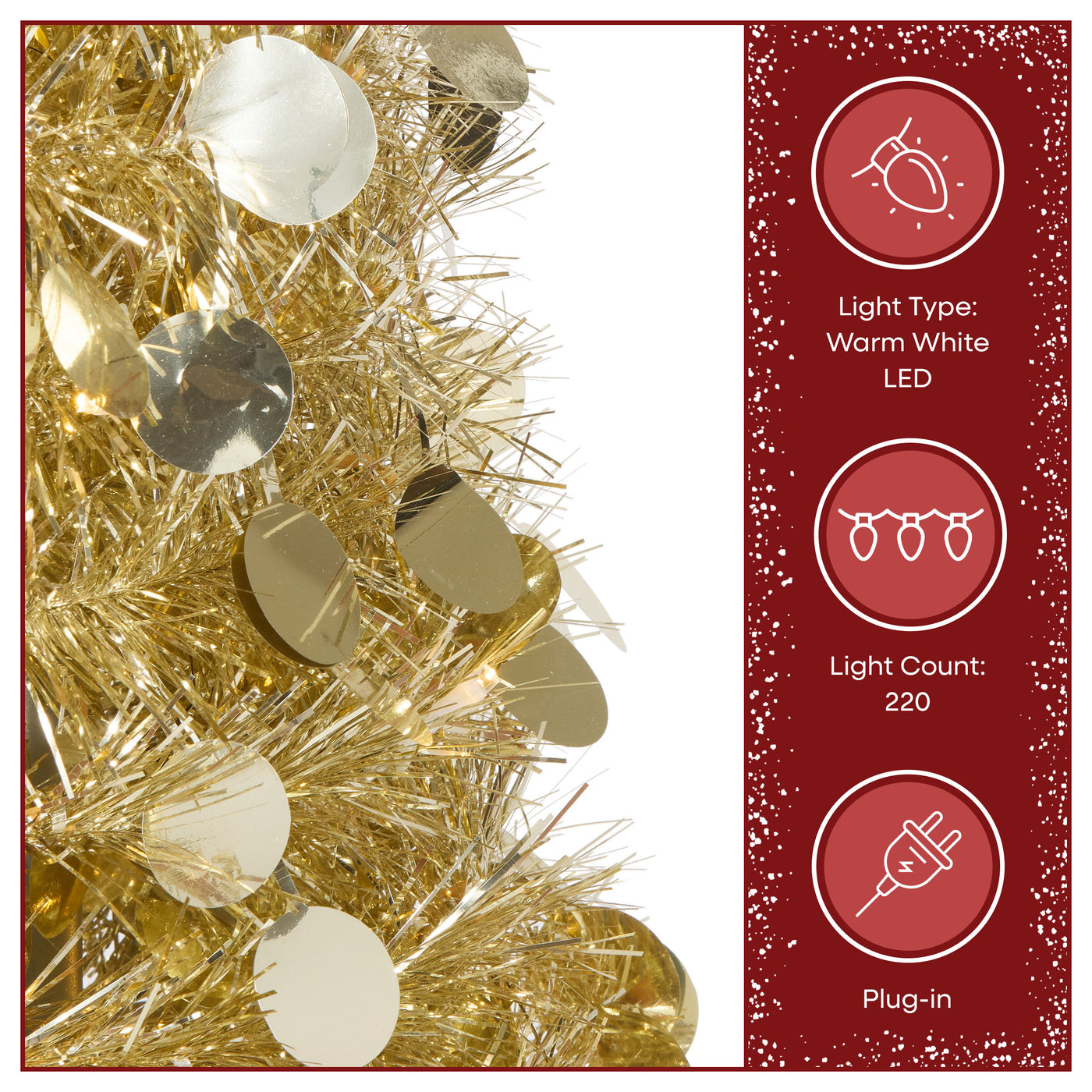 3 ft., 4 ft., 5 ft. Pre-Lit Jinglepop Pop Up Artificial Gold Tinsel Collapsible Pencil Christmas Tree Set of 3 with Warm White LED Lights - National Tree Company