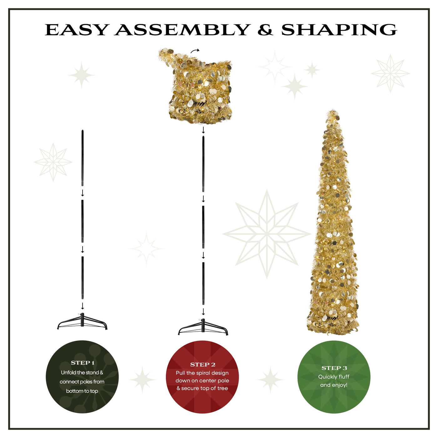 3 ft., 4 ft., 5 ft. Pre-Lit Jinglepop Pop Up Artificial Gold Tinsel Collapsible Pencil Christmas Tree Set of 3 with Warm White LED Lights - National Tree Company