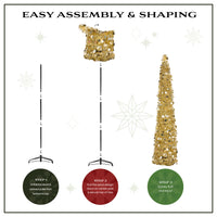 3 ft., 4 ft., 5 ft. Pre-Lit Jinglepop Pop Up Artificial Gold Tinsel Collapsible Pencil Christmas Tree Set of 3 with Warm White LED Lights - National Tree Company