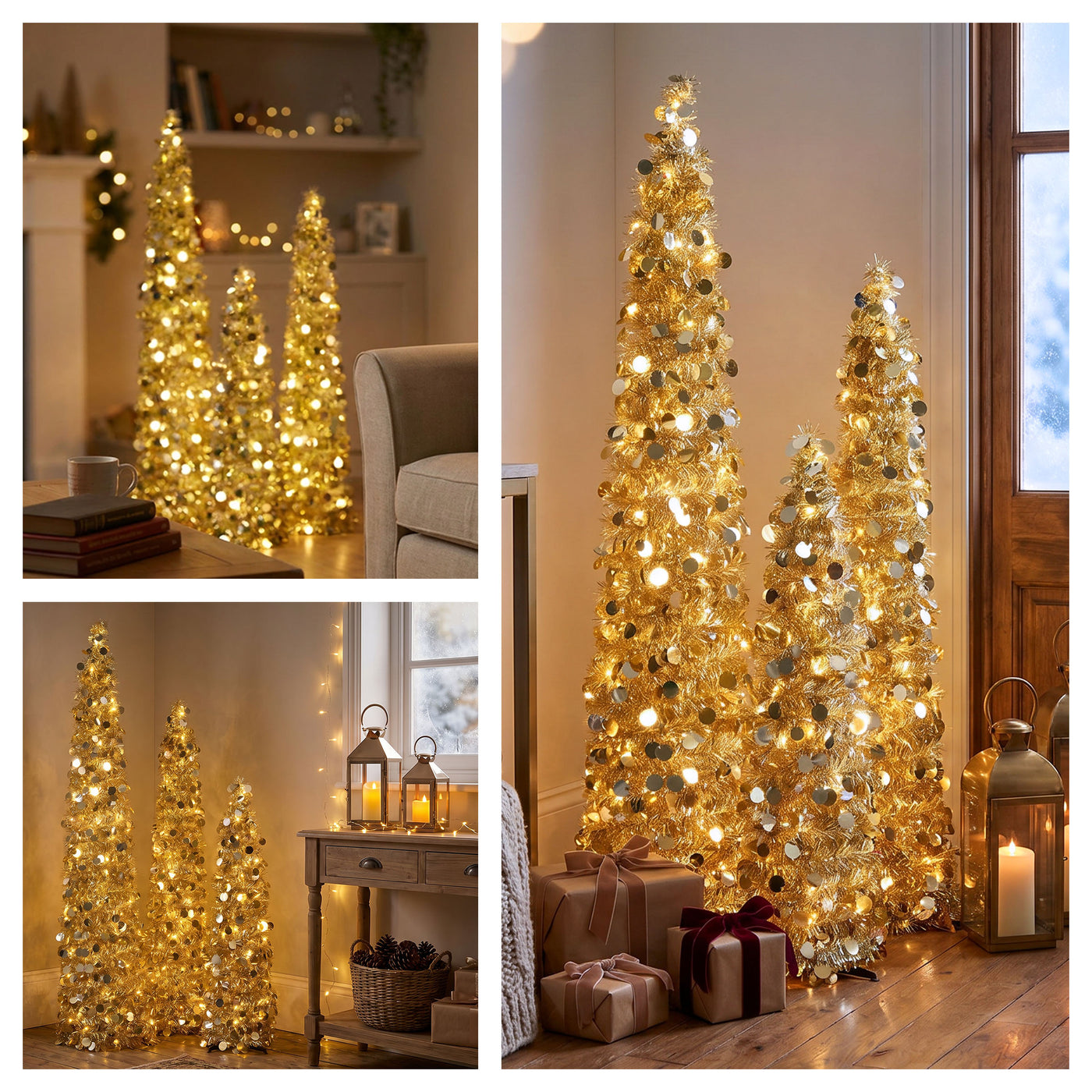 3 ft., 4 ft., 5 ft. Pre-Lit Jinglepop Pop Up Artificial Gold Tinsel Collapsible Pencil Christmas Tree Set of 3 with Warm White LED Lights - National Tree Company
