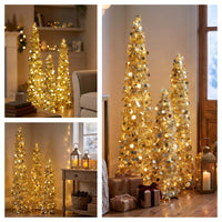 3 ft., 4 ft., 5 ft. Pre-Lit Jinglepop Pop Up Artificial Gold Tinsel Collapsible Pencil Christmas Tree Set of 3 with Warm White LED Lights - National Tree Company