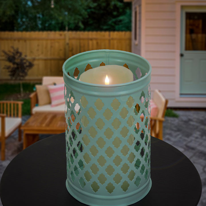 National Outdoor Living Lantern Candleholder, Gossamer Green, Modern Design and Finish, 12 Inches