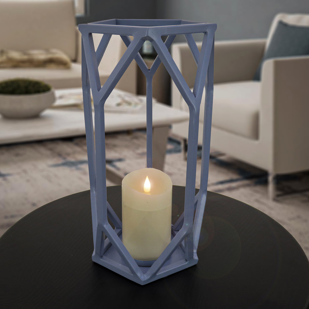 National Outdoor Living Lantern Candleholder, Dusty Blue, Modern Design and Finish, Includes Glass Chimney, 14 Inches