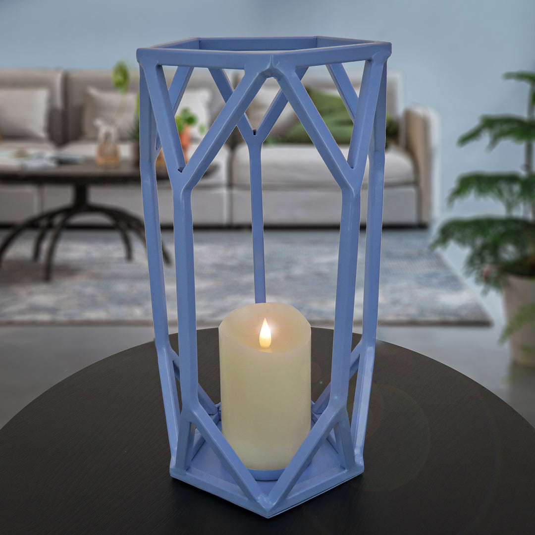 National Outdoor Living Lantern Candleholder, Ice Melt Blue, Modern Design and Finish, Includes Glass Chimney, 14 Inches
