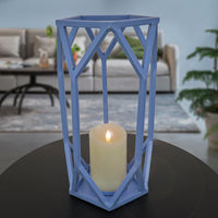 National Outdoor Living Lantern Candleholder, Ice Melt Blue, Modern Design and Finish, Includes Glass Chimney, 14 Inches - National Tree Company