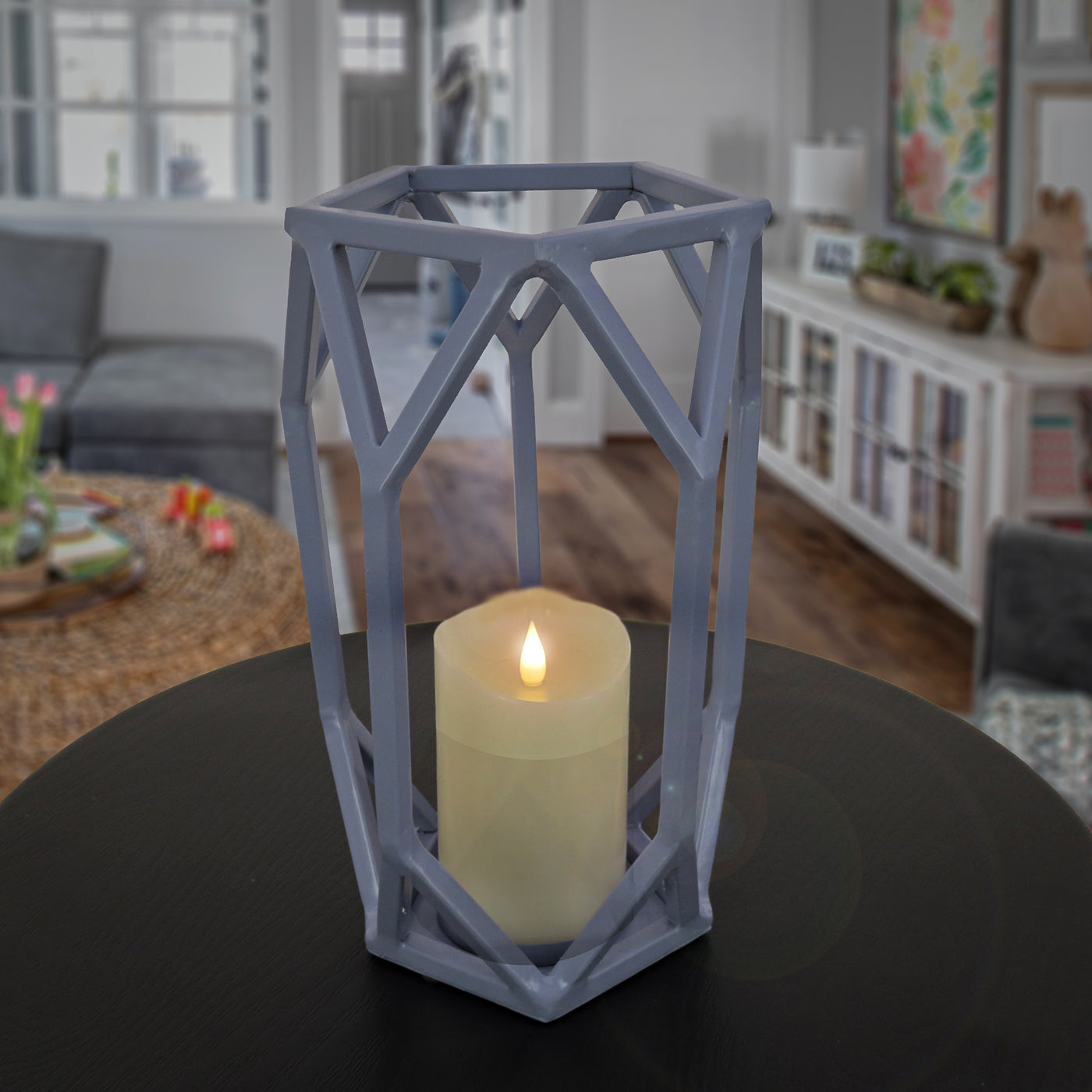 National Outdoor Living Lantern Candleholder, Dusty Blue, Modern Design and Finish, Includes Glass Chimney, 11 Inches - National Tree Company