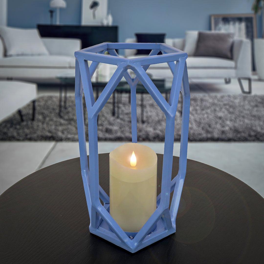 National Outdoor Living Lantern Candleholder, Ice Melt Blue, Modern Design and Finish, Includes Glass Chimney, 11 Inches