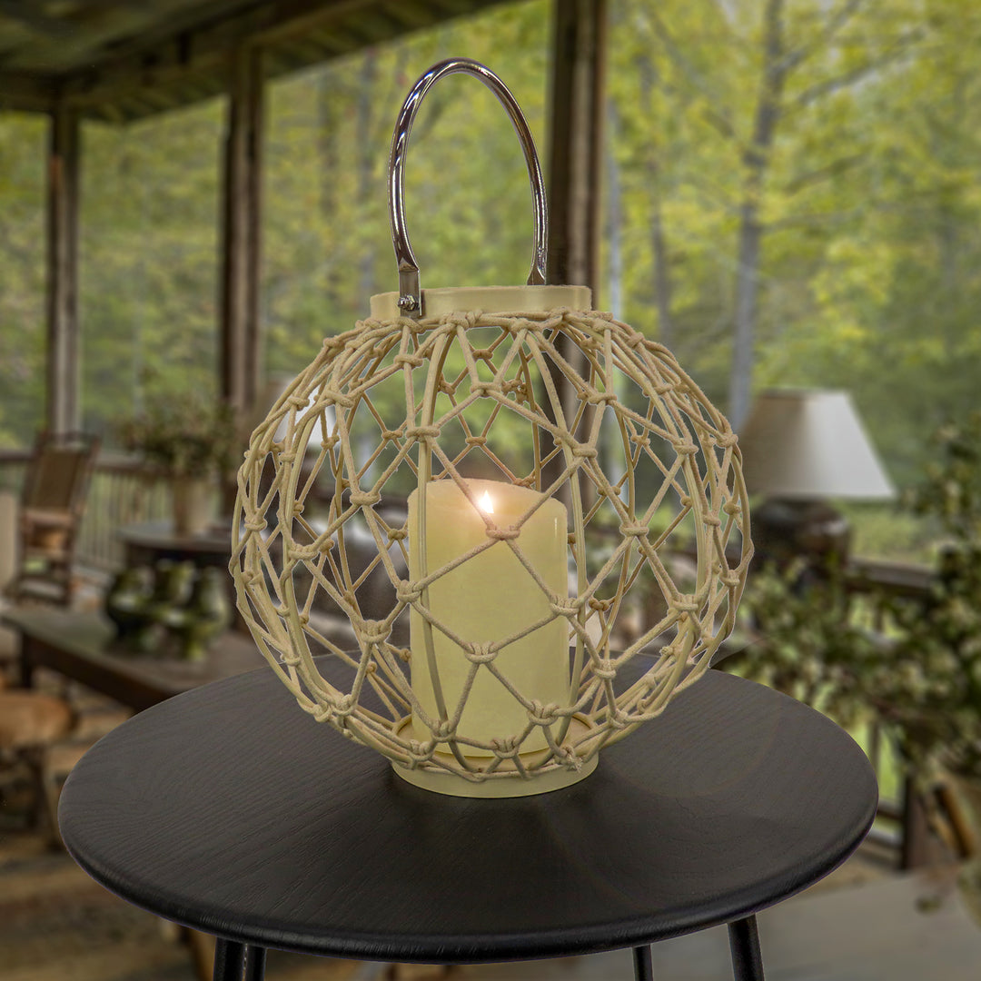 National Outdoor Living Lantern Candleholder, Woven Rope Construction, Bleached Sand, Modern Design and Finish, Includes Metal Handle, 12 Inches