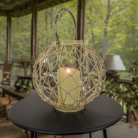 National Outdoor Living Lantern Candleholder, Woven Rope Construction, Bleached Sand, Modern Design and Finish, Includes Metal Handle, 12 Inches - National Tree Company