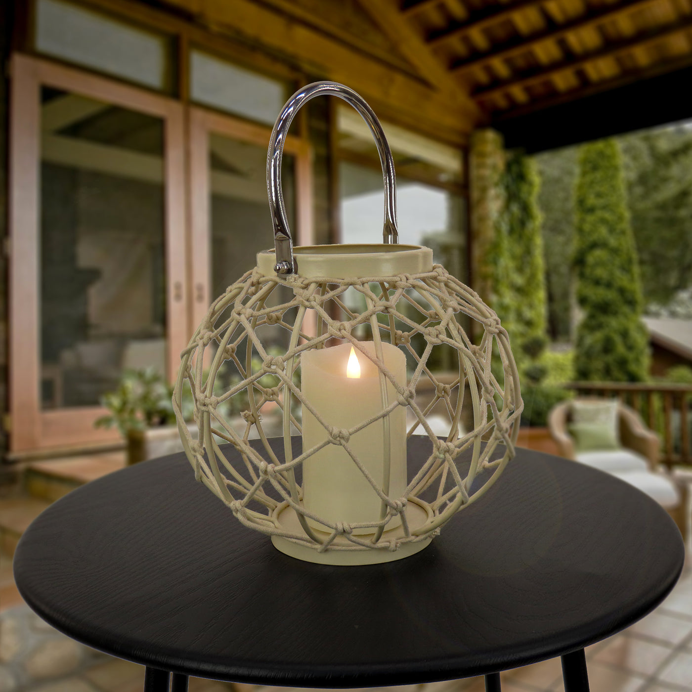 National Outdoor Living Lantern Candleholder, Woven Rope Construction, Bleached Sand, Modern Design and Finish, Includes Metal Handle, 9 Inches - National Tree Company