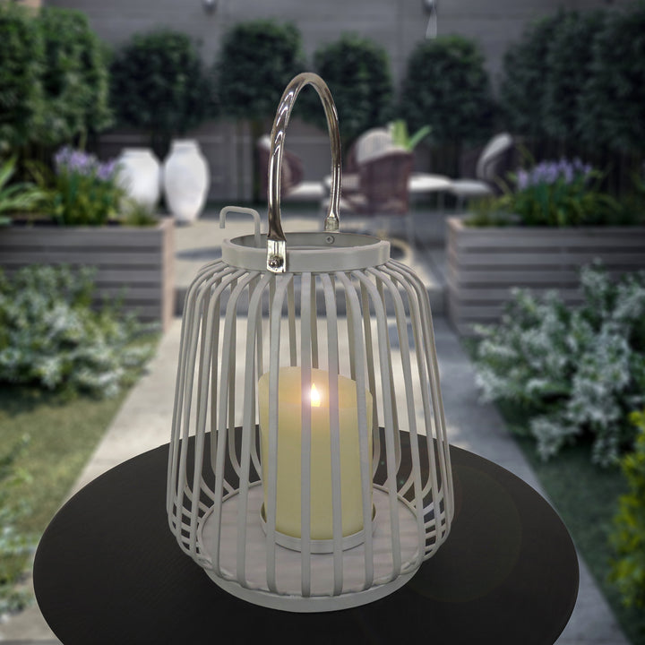 National Outdoor Living Lantern Candleholder, Metal, Glacier Gray, Modern Design and Finish, Includes Metal Handle13 Inches