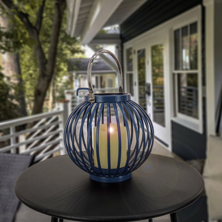 National Outdoor Living Lantern Candleholder, Rounded Shape, Dark Blue, Modern Design and Finish, Includes Metal Handle, 10 Inches