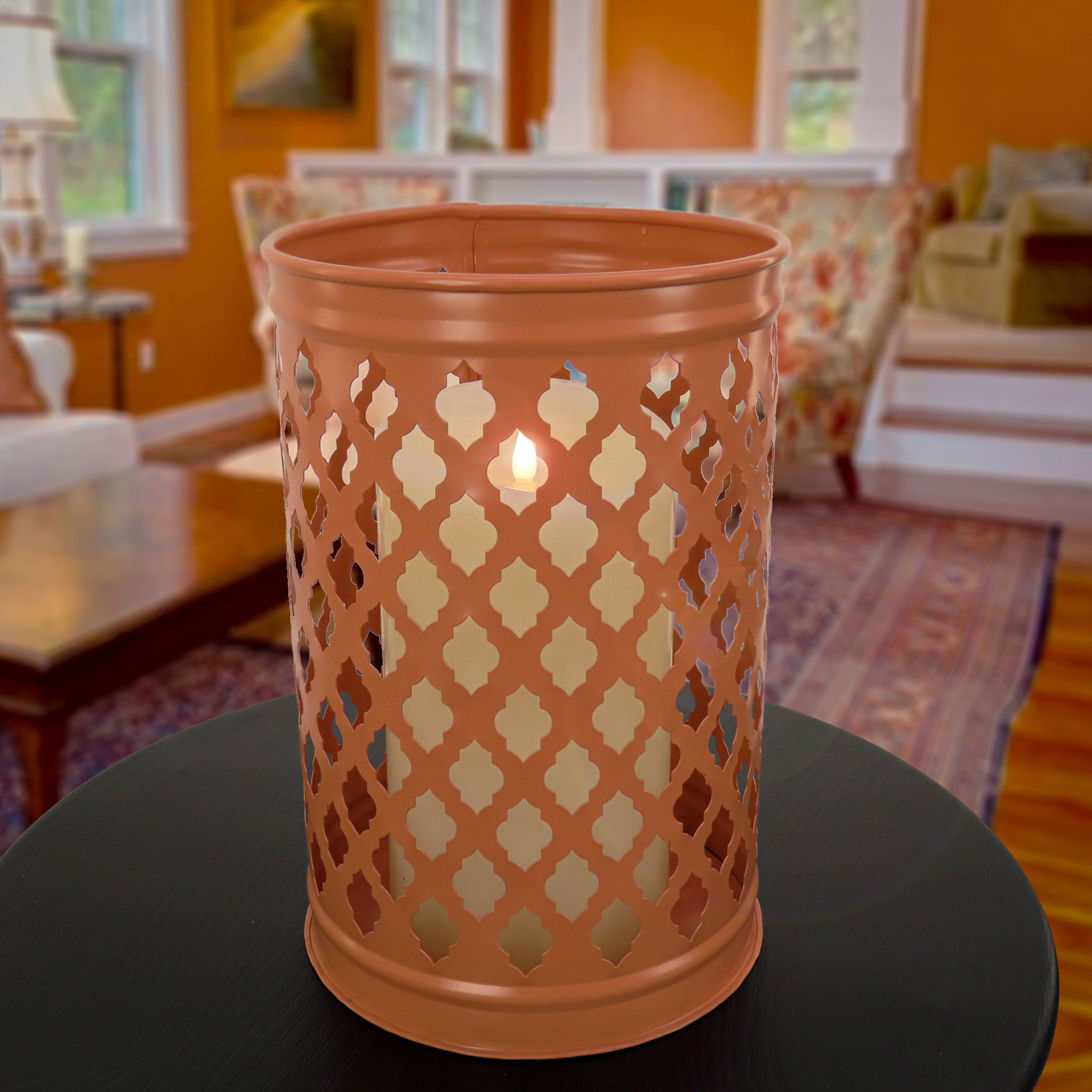 National Outdoor Living Lantern Candleholder, Pastel Orange, Modern Design and Finish, 12 Inches