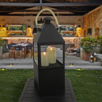 National Outdoor Living Lantern Candleholder, Enclosed Glass, Matte Black Finish, Metal, Rope Handle, 29 Inches - National Tree Company