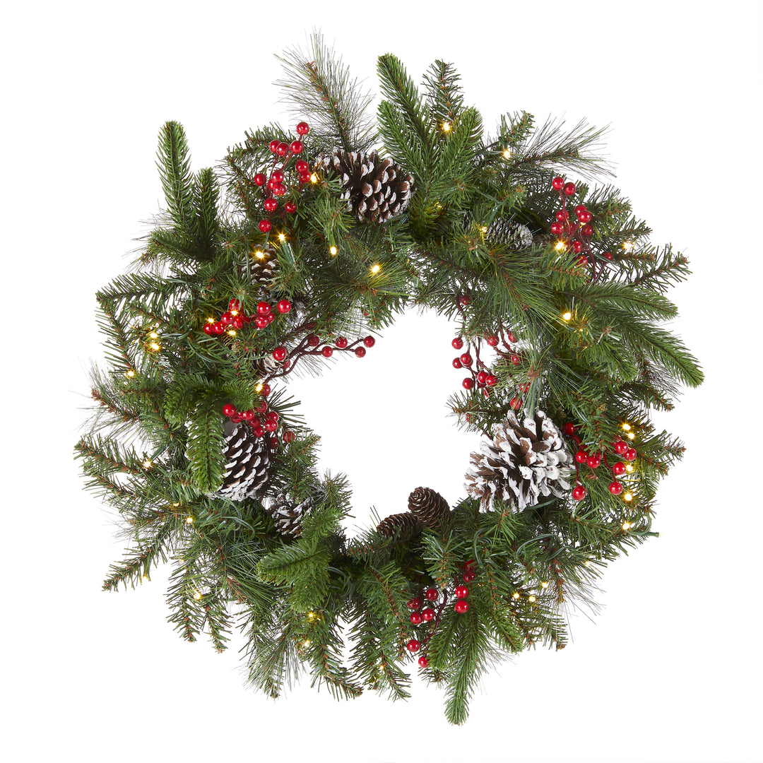 National Tree Company Pre-Lit Artificial Christmas Wreath, Green, Bristle Berry Pine, White Lights, Decorated with Frosted Branches, Pine Cones, Berry Clusters, Christmas Collection, 24 Inches