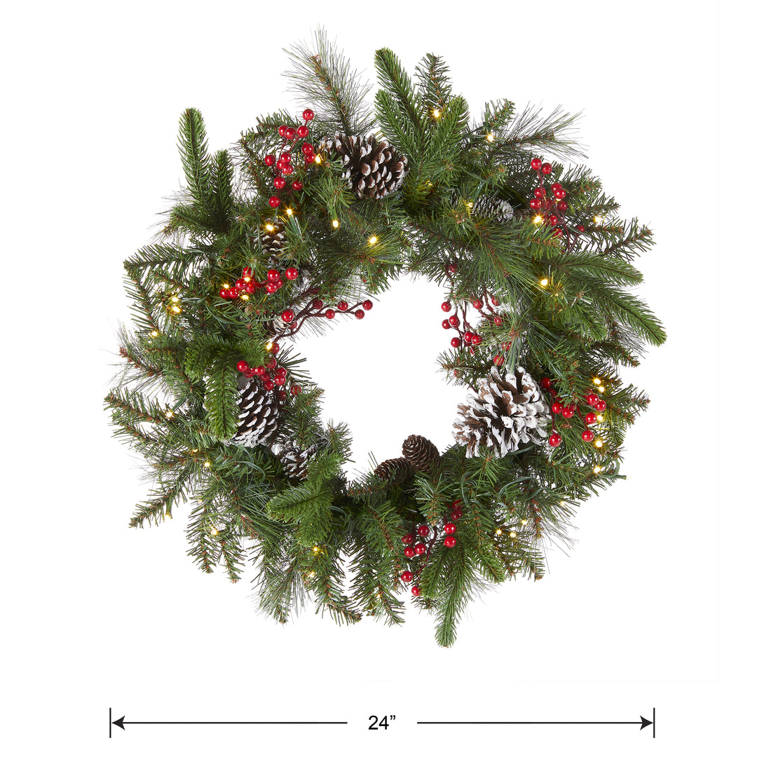 National Tree Company Pre-Lit Artificial Christmas Wreath, Green, Bristle Berry Pine, White Lights, Decorated with Frosted Branches, Pine Cones, Berry Clusters, Christmas Collection, 24 Inches