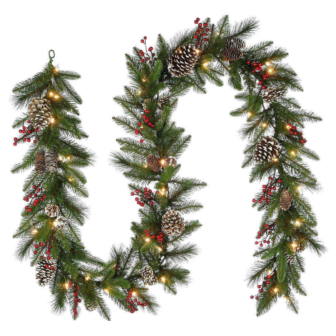 Pre-Lit Artificial Christmas Garland, Green, Snowy Green, White Lights, Decorated With Pine Cones, Berry Clusters, Christmas Collection, 9 Feet