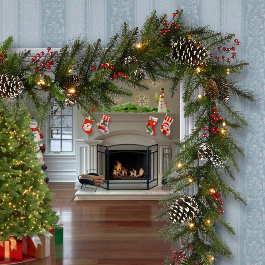 9 ft. Pre-Lit Bristle Berry Pine Garland with LED Lights