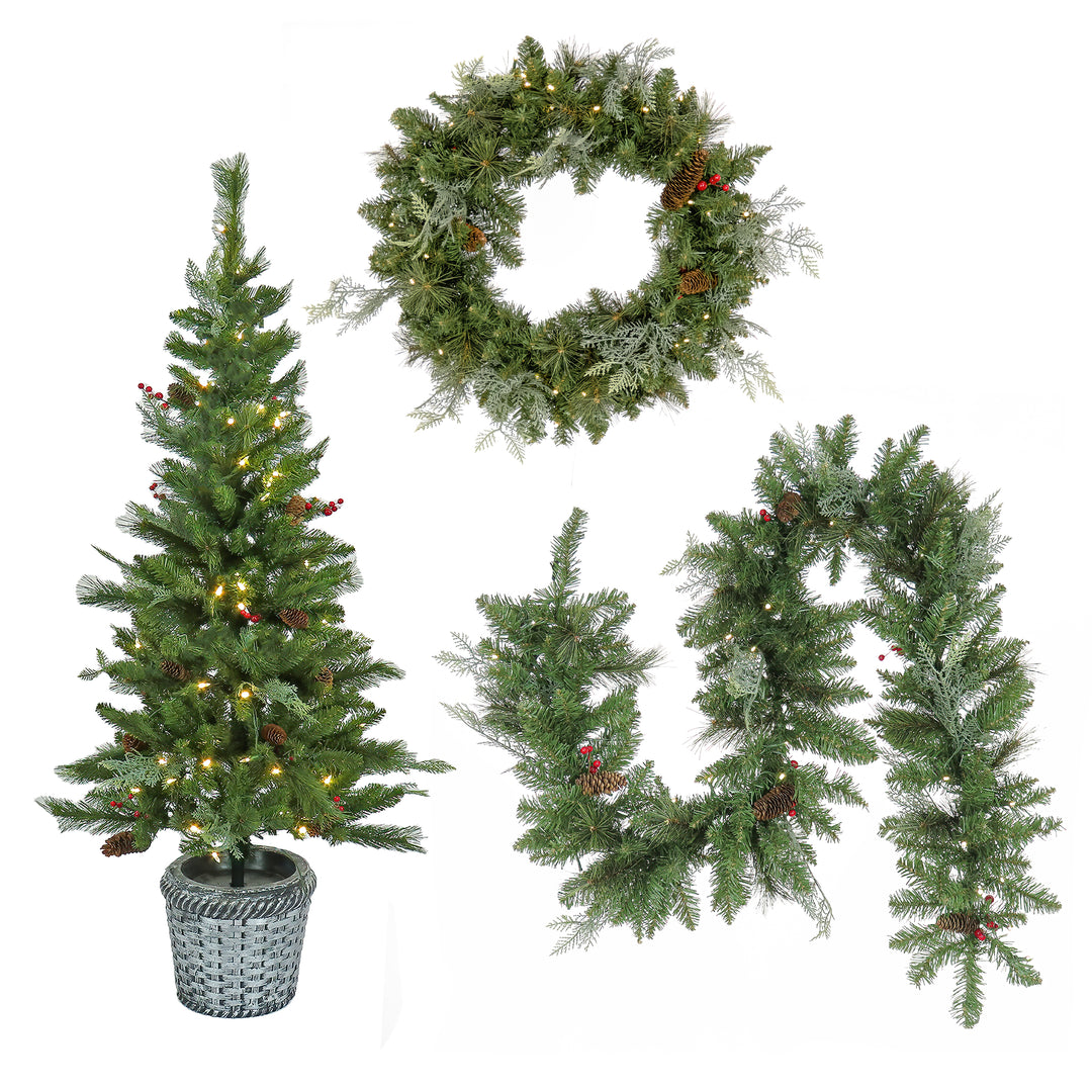 Artificial Buzzard Pine Christmas Assortment, Includes Decorated Entrance Tree, Wreath and Garland Pre-Lit with Warm White LED Lights, Battery Operated & Plug In, 5 ft