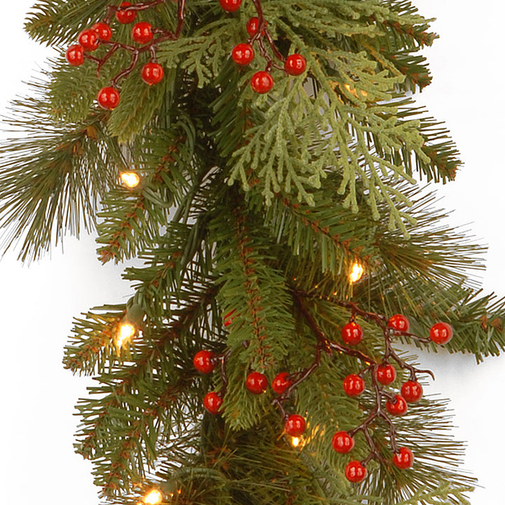 National Tree Company Pre-Lit 'Feel Real' Artificial Christmas Garland, Green, Classical, White Lights, Decorated With Berry Clusters, Plug In, Christmas Collection, 9 Feet